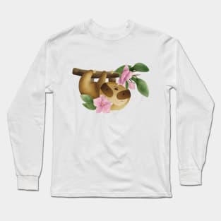 Cute Sloth hanging with orchid flowers Long Sleeve T-Shirt